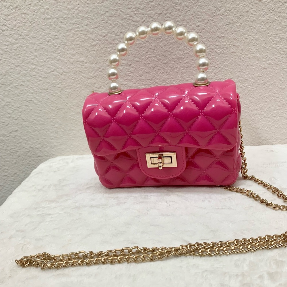 Mini Quilted Jelly Fuchsia Adorable Chain Faux Pearl Over Shoulder/Crossbody
